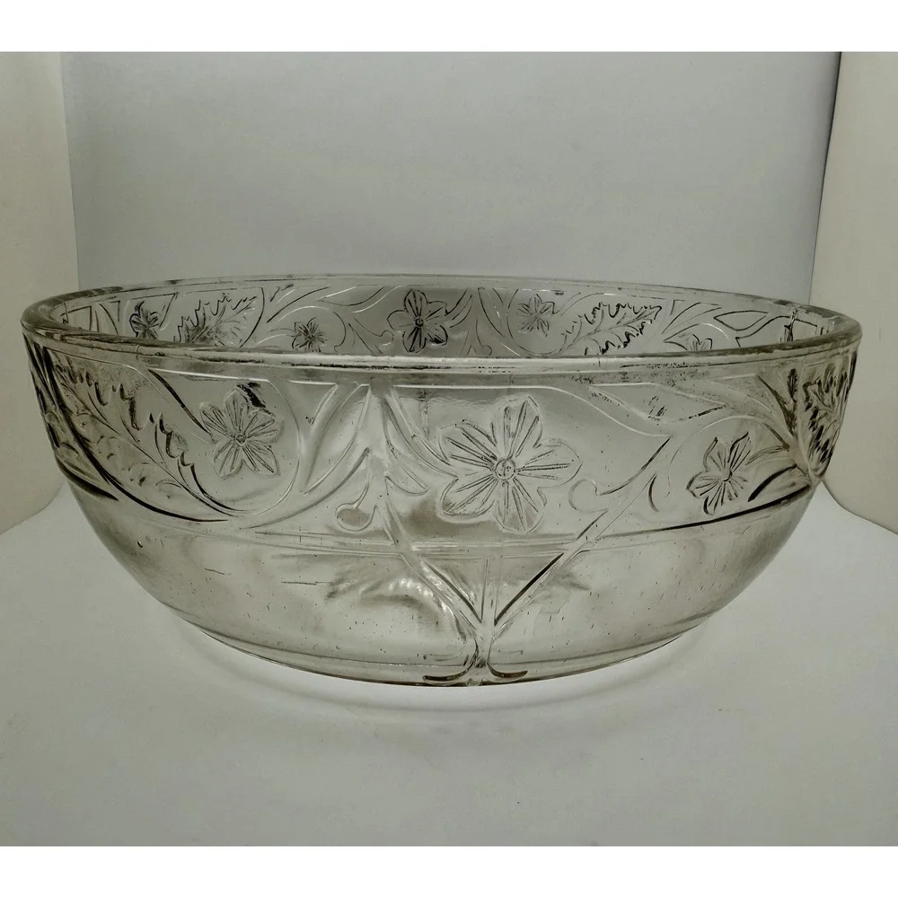 VTG Manganese Clear Pressed Glass Bowl Floral Vine Starburst Base UV Glow 9.5